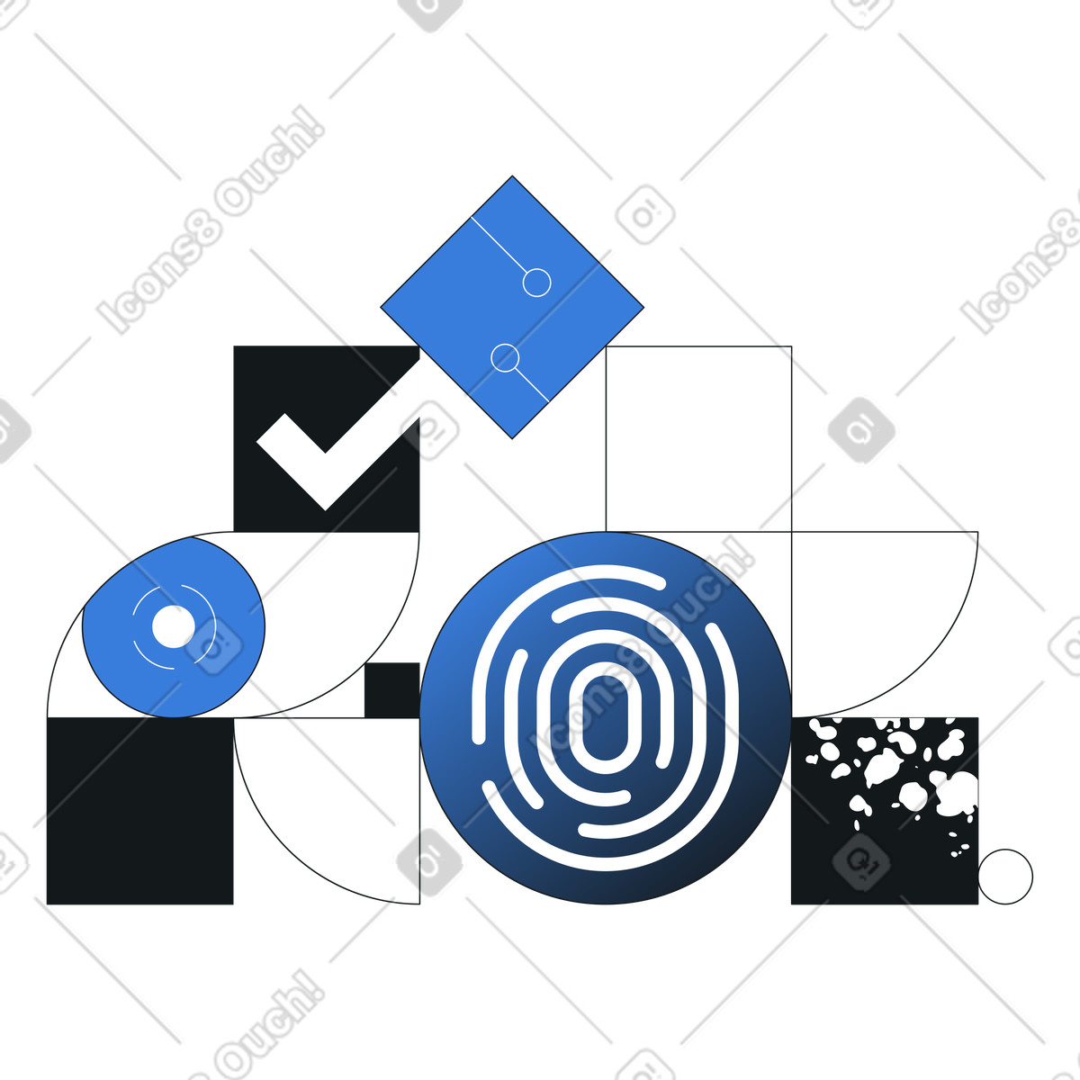 Abstrakte biometrische elemente und schaltkreise, cybersicherheit digitale identität, computer vision online-authentifizierung-Illustration im Midnight-Stil als Download in PNG, SVG