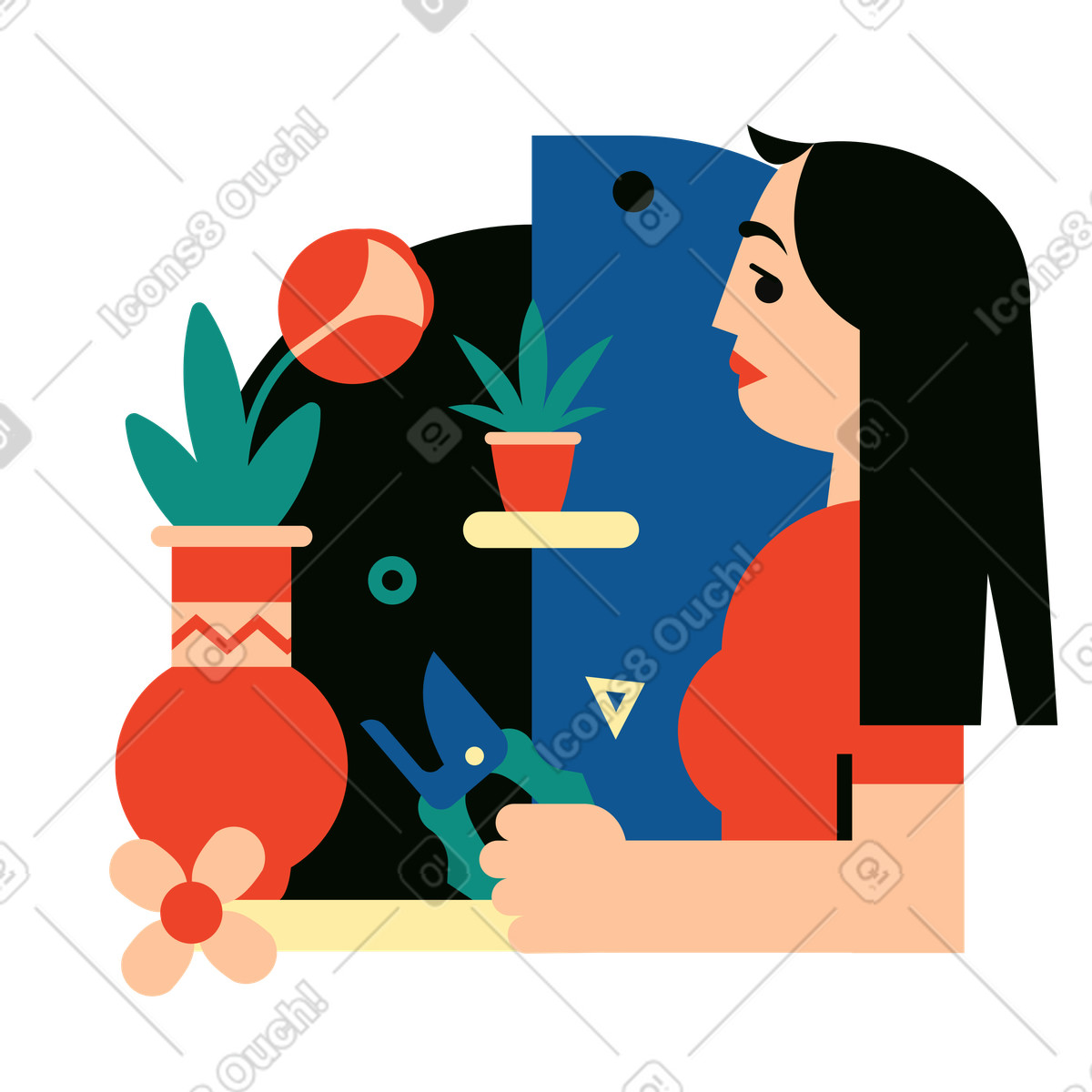 Ilustração de Mulher cortando as plantas da casa em no estilo Polar para baixar em PNG, SVG