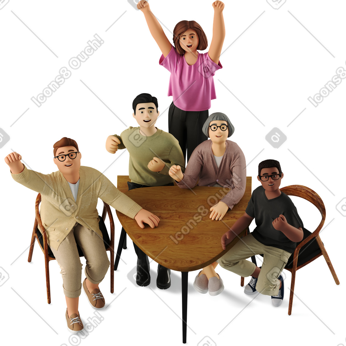 Ilustración Colegas alegres en 3d animando la oficina, moral del equipo y éxito empresarial estilo Business a descargar PNG SVG