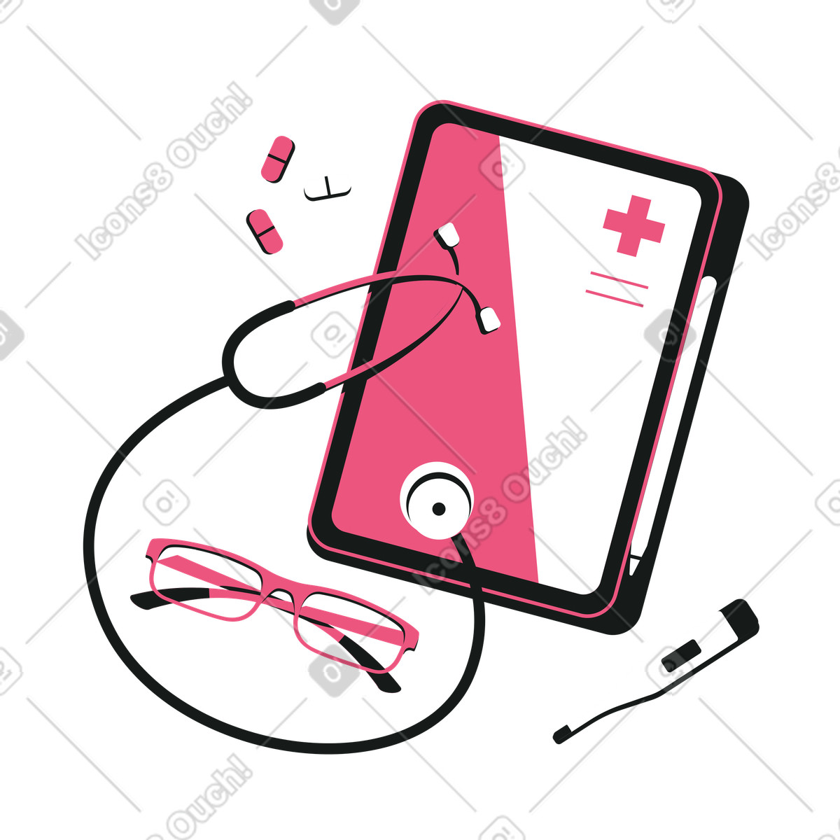 Illustration Tablette, stéthoscope, thermomètre et pilules du médecin dans le style Lounge à télécharger aux formats PNG, SVG