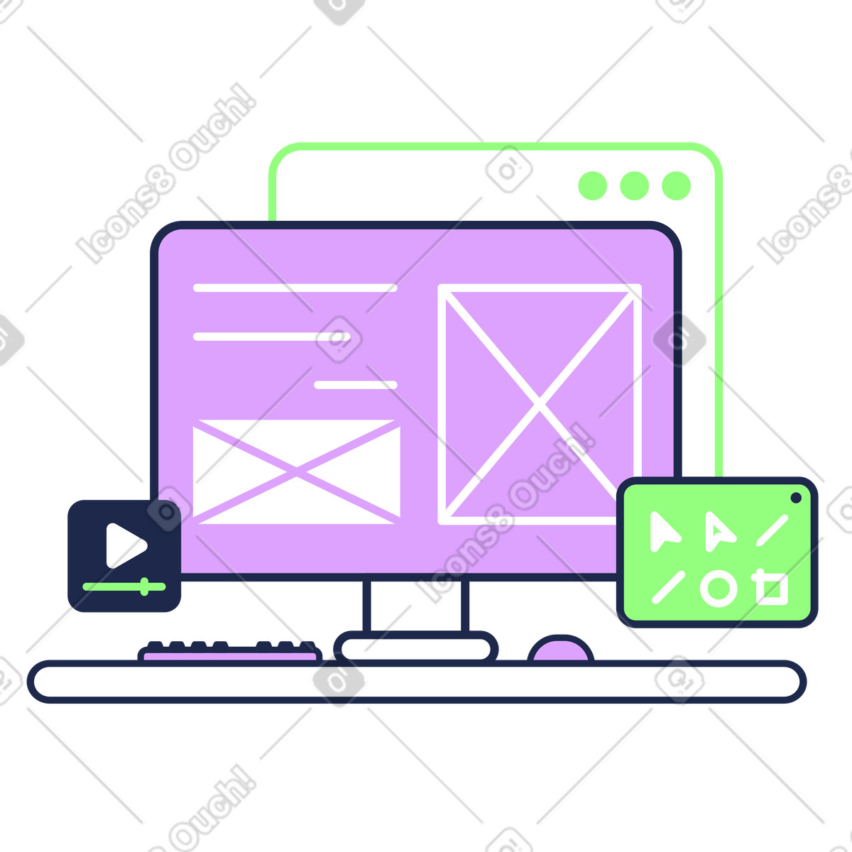 Web design prototyping, desktop with wireframe ui and toolbar icons illustration in Outline style download in PNG, SVG