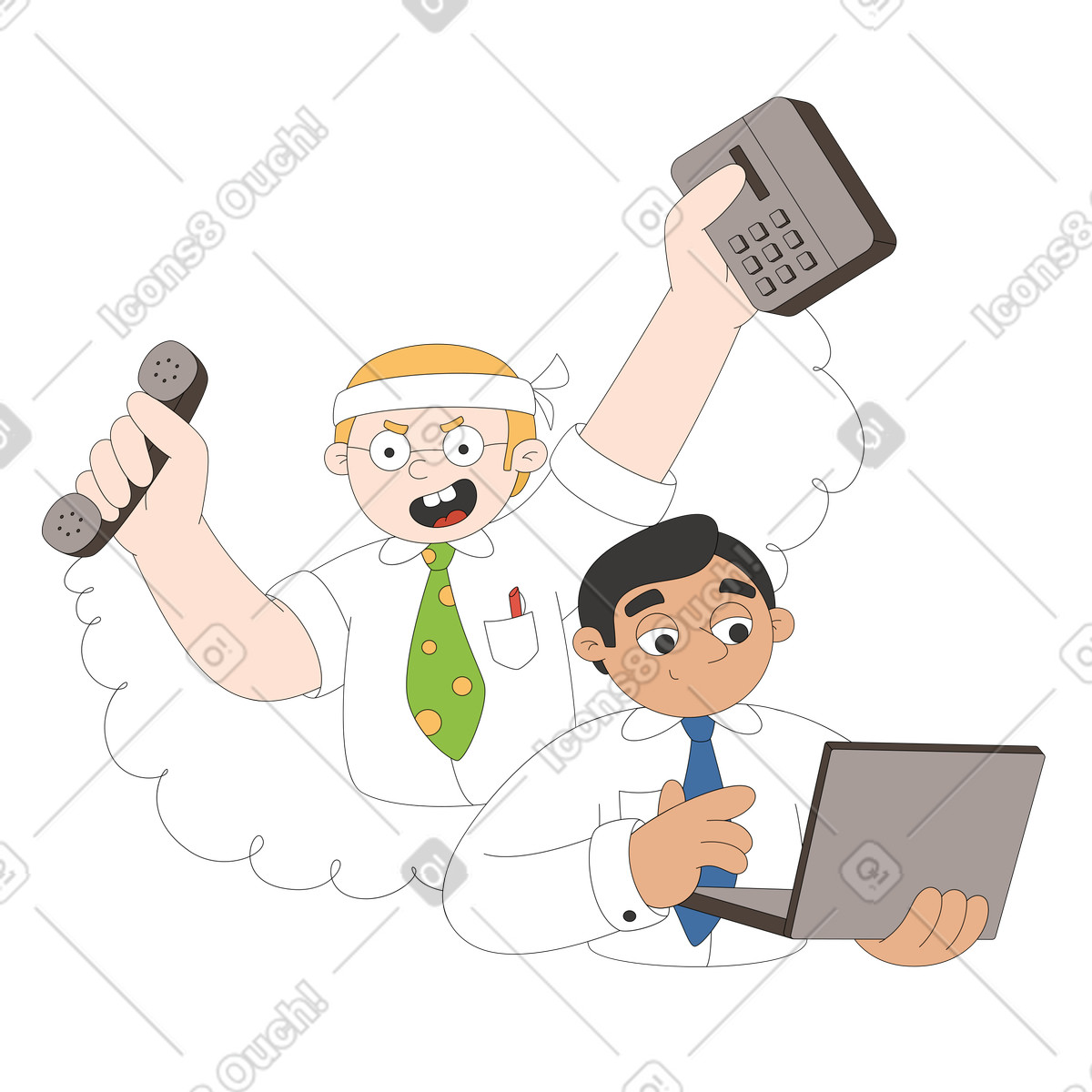 Ilustración Trabajadores del departamento de ventas haciendo tratos en estilo Sitcom a descargar en PNG y SVG