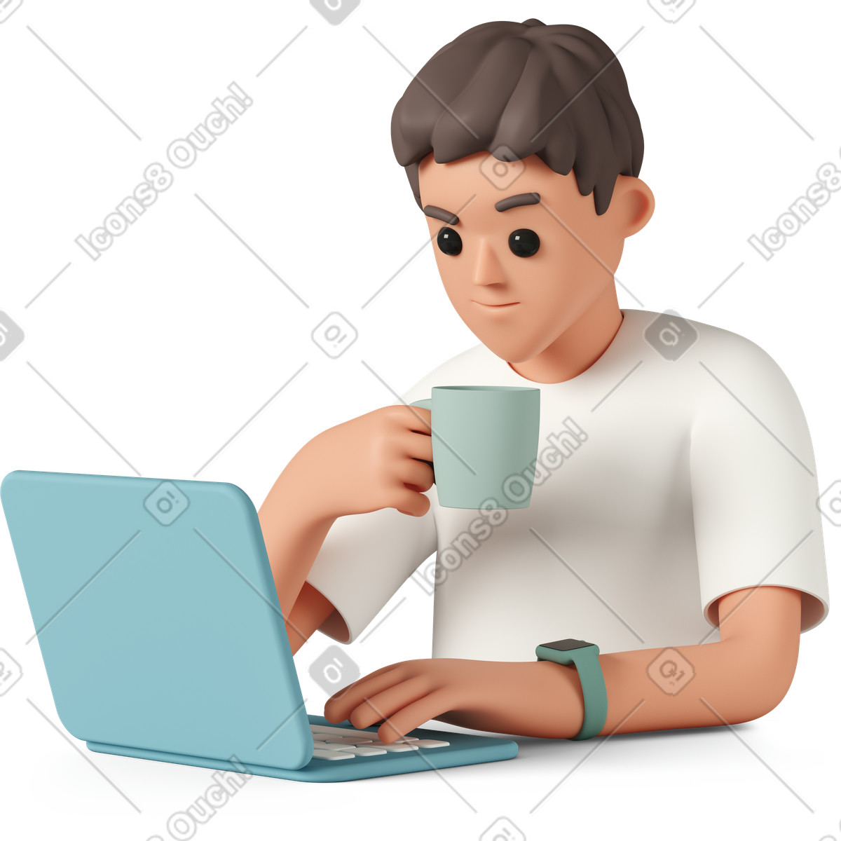 3D Casual life スタイルの Man working on laptop and drinking coffee のイラストをPNG、SVG形式でダウンロード