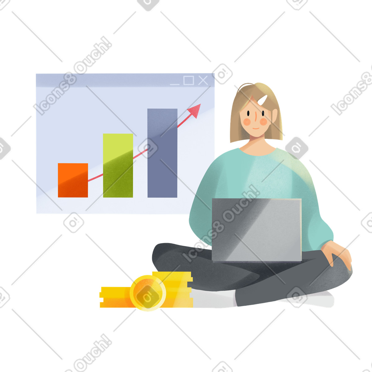 Young woman investing money online illustrazione in stile Shine scarica in PNG, SVG