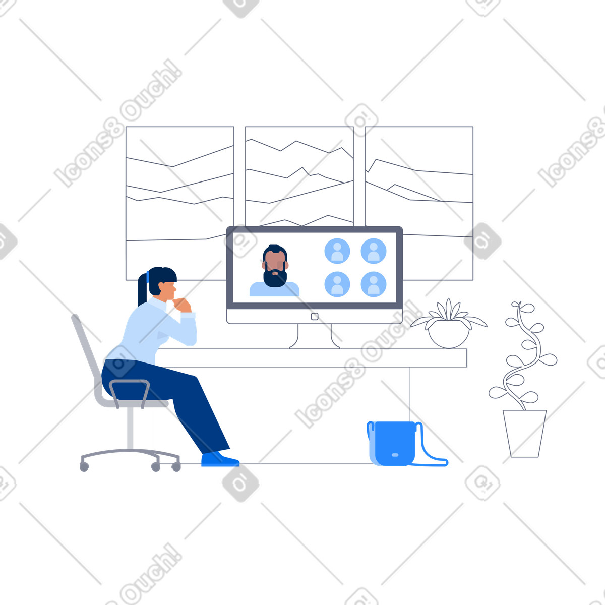 Employee talking to colleagues on group video conference, remote meeting and online collaboration illustration in Urban style download in PNG, SVG
