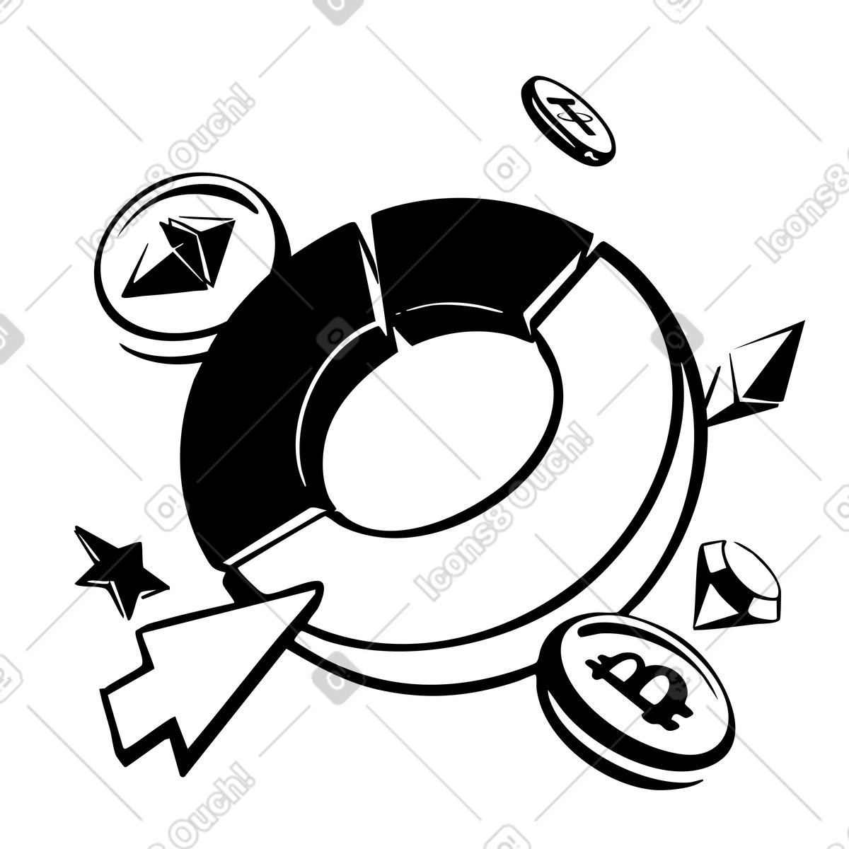 Line スタイルの Donut chart with cryptocurrency coins, Distribution and diversification of crypto assets のイラストをPNG、SVG形式でダウンロード