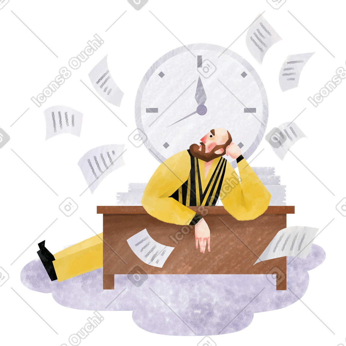 Employee leaning on desk surrounded by paperwork, Time management or deadline illustration in Family style download in PNG, SVG