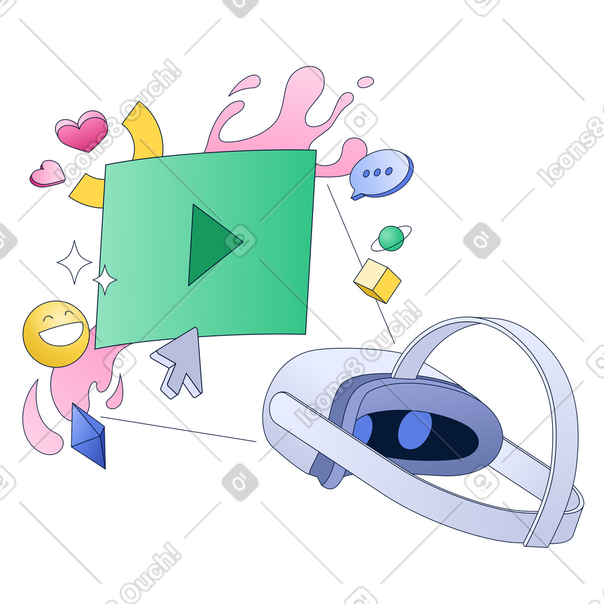 Ilustración Auriculares de realidad virtual y contenido vídeo, experiencia entretenimiento inmersiva en estilo Neat a descargar en PNG SVG