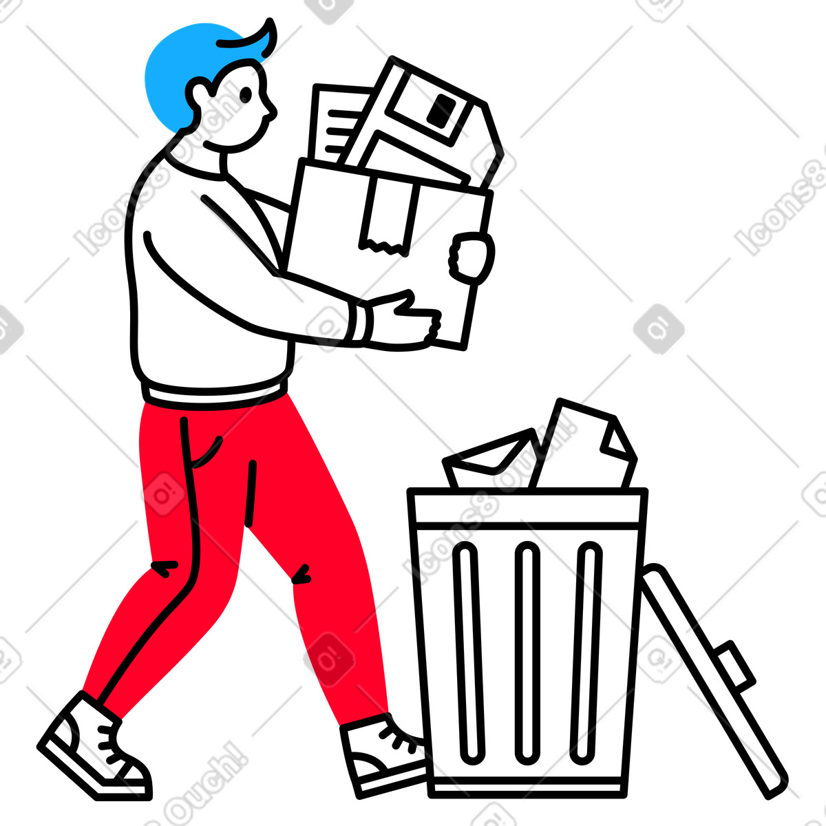 Ilustración El hombre lleva una caja de viejos disquetes y papeles a un bote basura en estilo Transistor descargar en PNG SVG