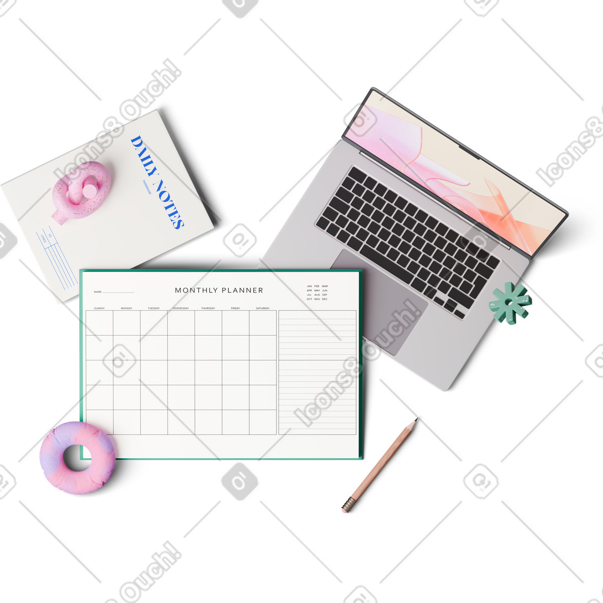 Ilustración Top view of laptop and planners en estilo 3D Hygge a descargar en PNG y SVG