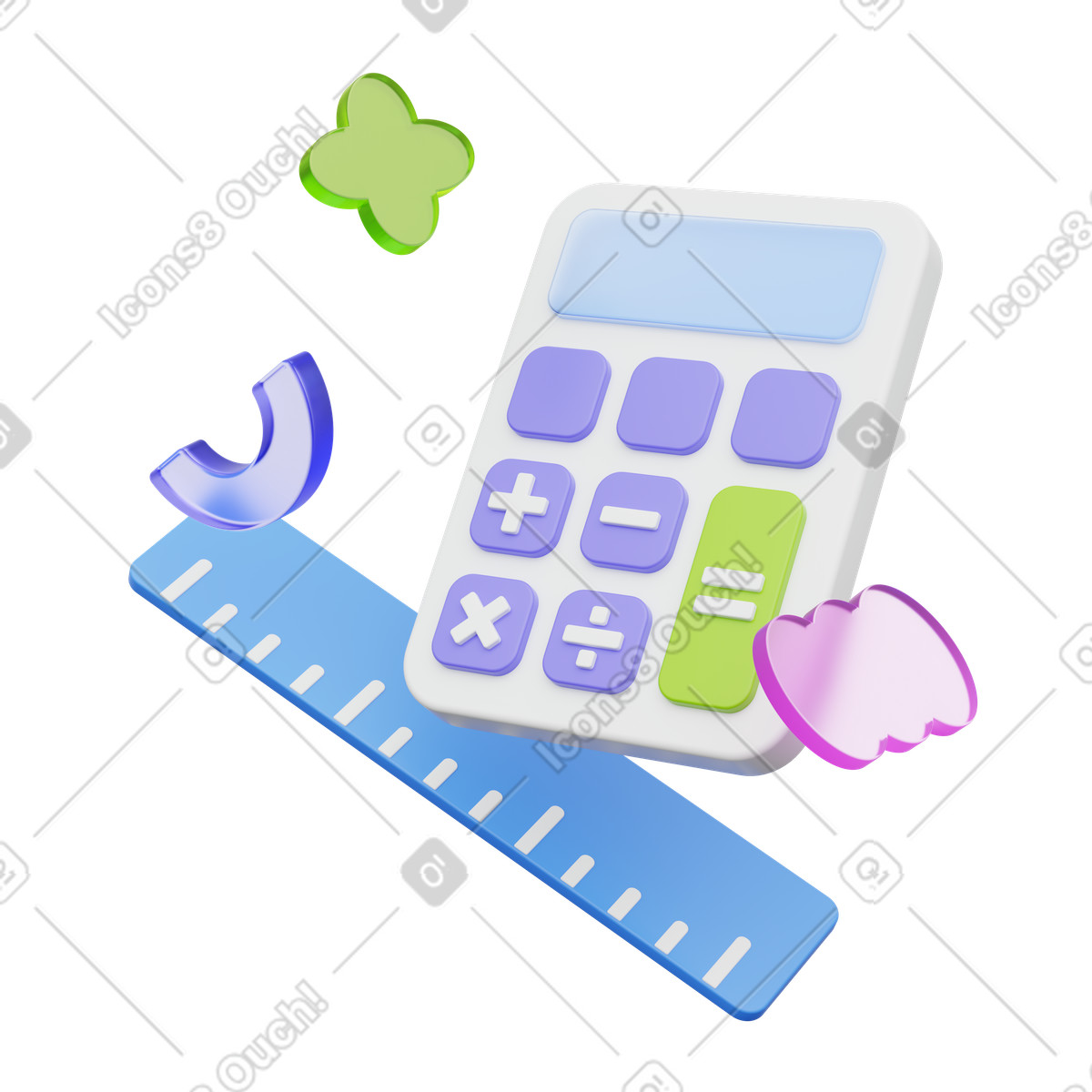 Calculator, ruler and decorative objects, math tools, educational resources for geometry and calculation illustration in PNG, SVG
