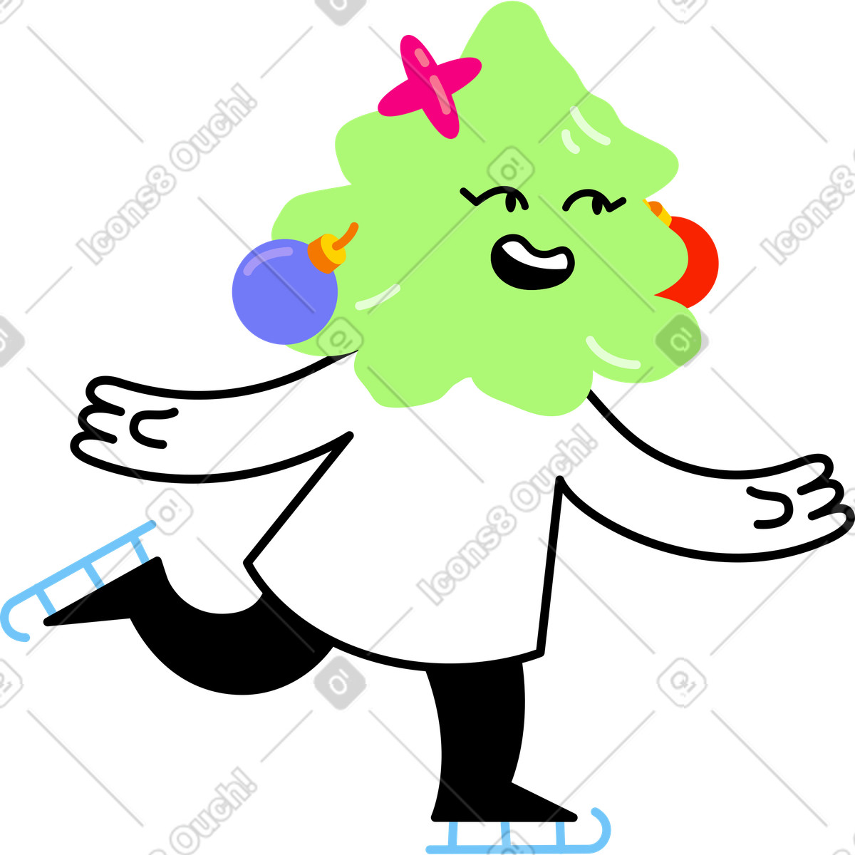 Figur mit einem weihnachtsbaumkopf beim skaten-Illustration im Giggle-Stil als Download in PNG, SVG