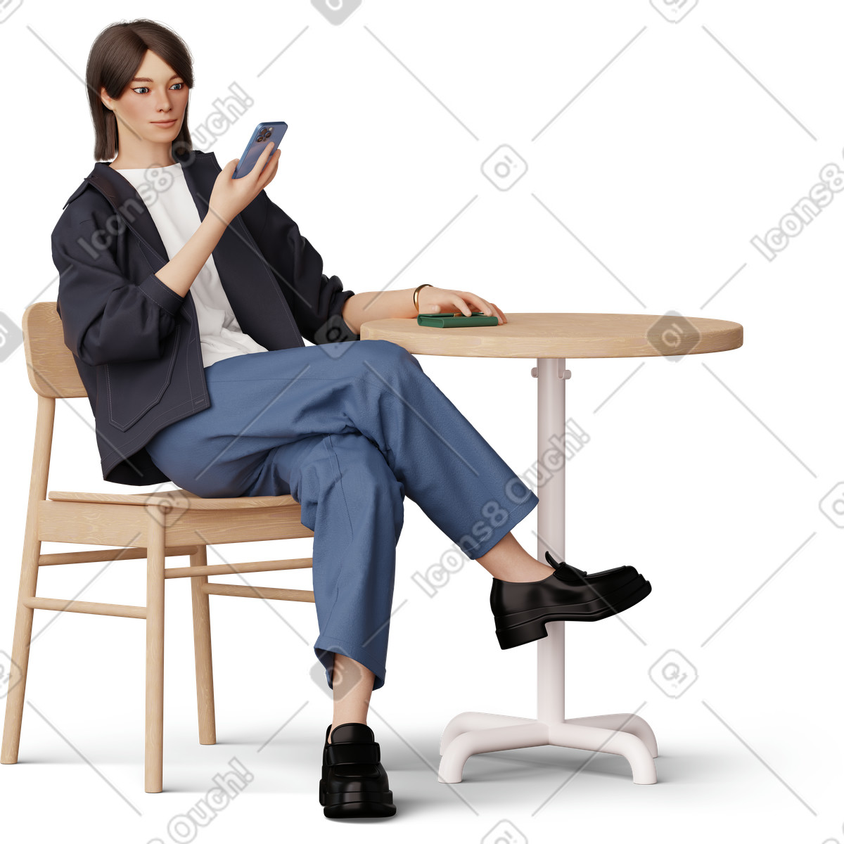 Illustration Vue de face d'une jeune femme regardant un téléphone dans le style 3D Hygge à télécharger aux formats PNG, SVG