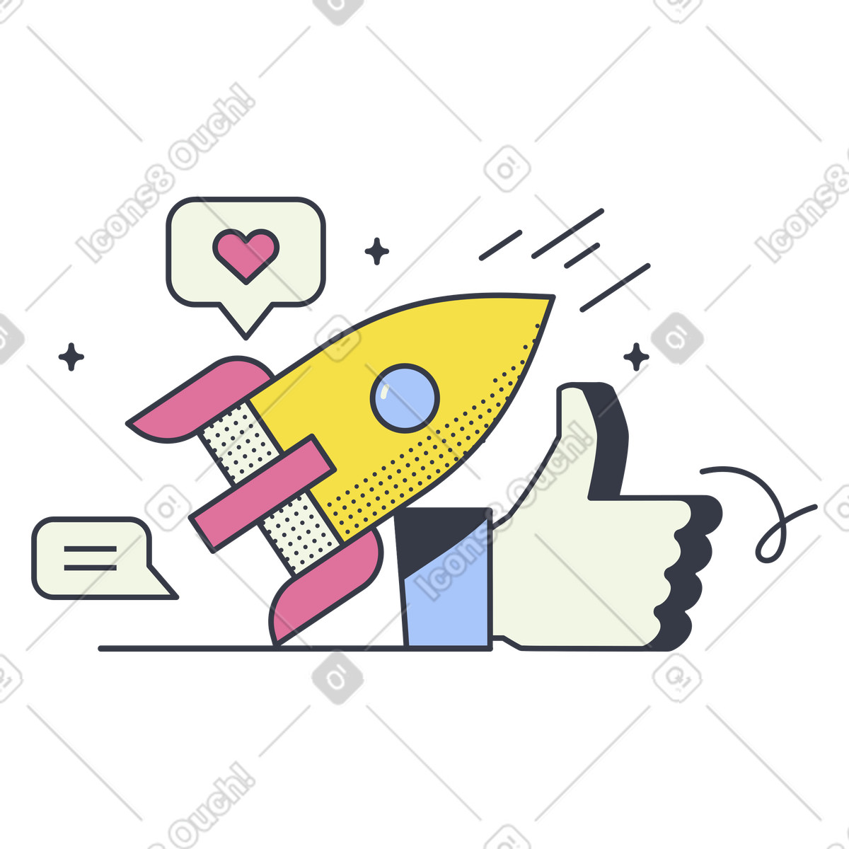 Illustration Popularité croissante avec des likes et une fusée qui s'envole dans le style Abstract à télécharger aux formats PNG, SVG