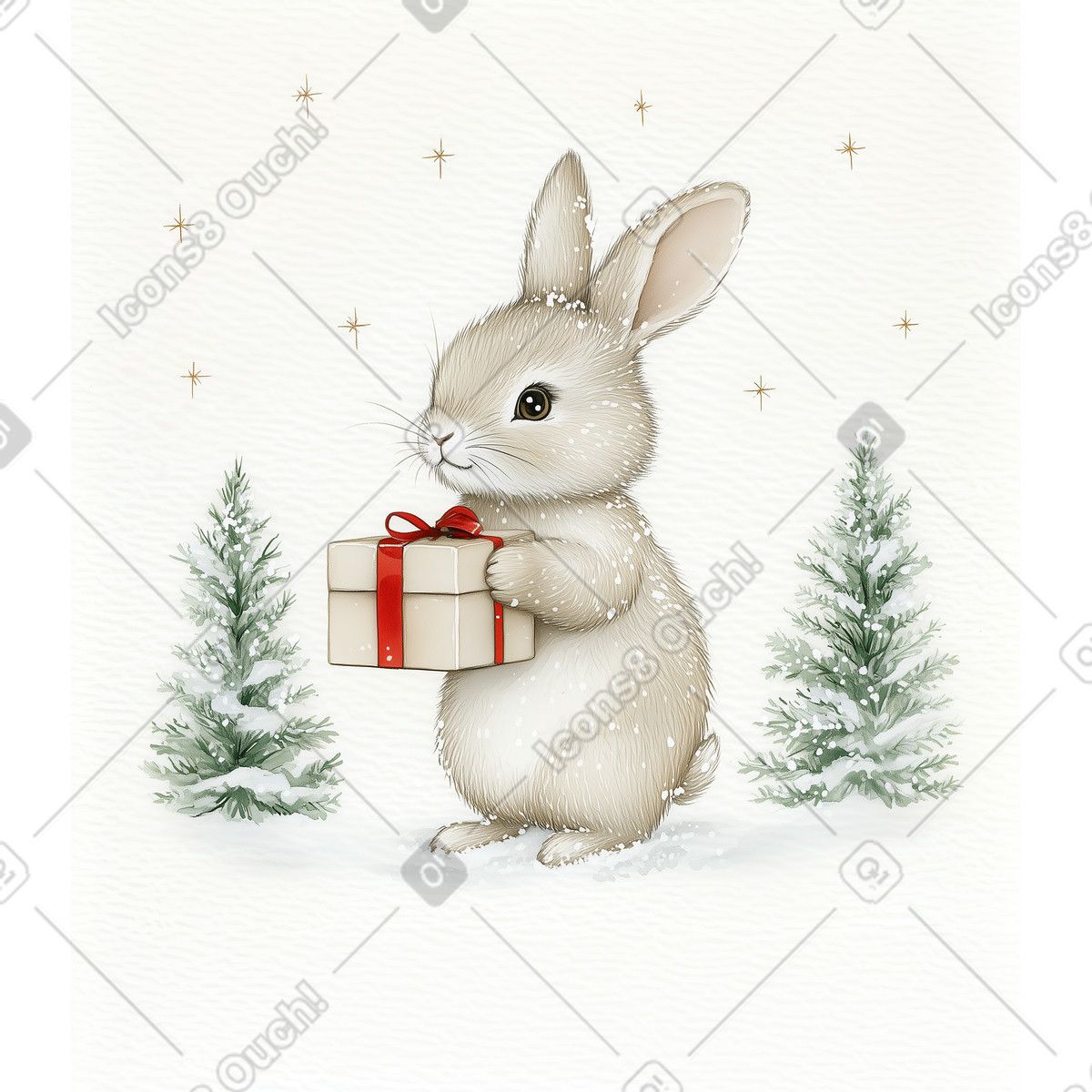 Christmas postcard rabbit with gift box and trees illustration in Postcards style download in PNG, SVG