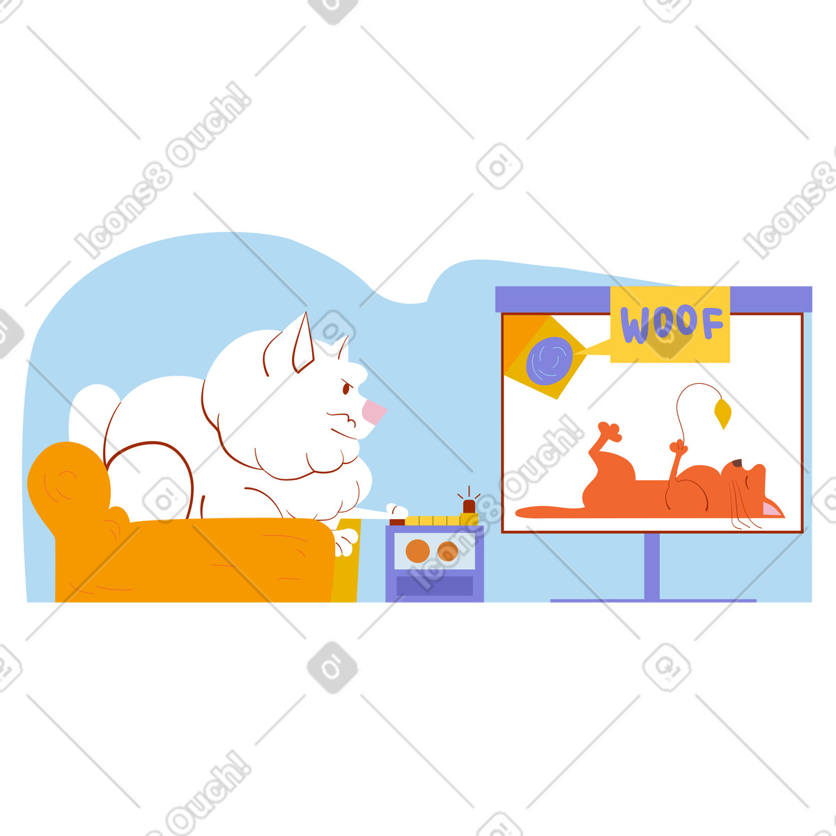 Cane sul divano che preme il pulsante woof per spaventare gatto illustrazione in stile scarica in PNG, SVG