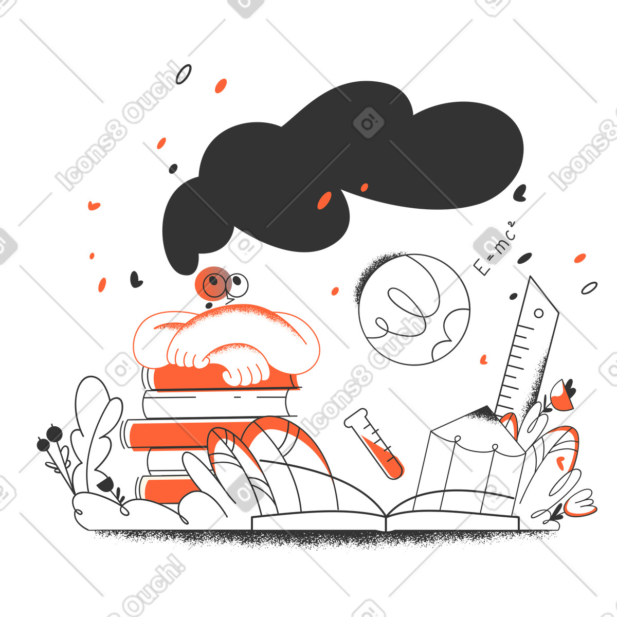Woman studying natural sciences via books illustration in PNG, SVG
