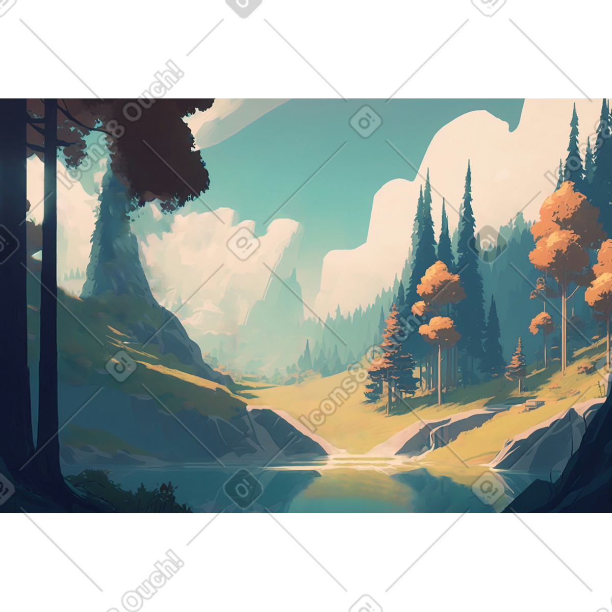 Forest landscape with lake background illustration in Experimental style download in PNG, SVG