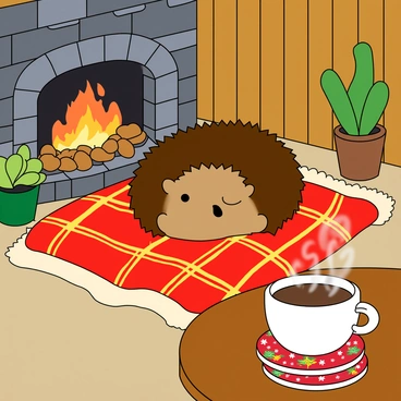 A small hedgehog with soft, brown spines is curled up in a tight ball, peacefully napping in a cozy corner. The hedgehog is nestled on a fluffy, checkered blanket in warm shades of red and yellow. Nearby, a crackling fire burns gently in a stone fireplace, casting a soft, warm glow over the scene. The walls around the corner are lined with wooden panels, and there are small potted plants adding touches of green. A steaming cup of cocoa sits on a wooden table next to the hedgehog, with a few holiday-themed coasters underneath. The atmosphere is inviting and tranquil, perfect for a restful nap.