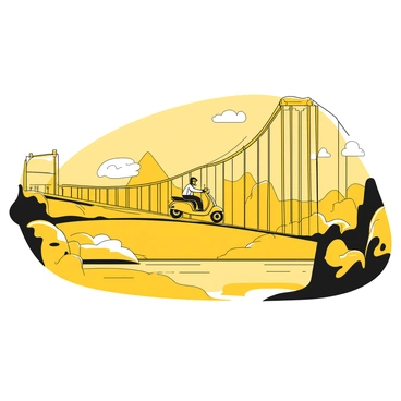 A moped with a rider wearing a helmet is crossing a long suspension bridge. The bridge has towering cables extending high into the sky, supporting the roadway. Below, a big river flows steadily, reflecting the light above. The rider grips the handlebars firmly, and the moped is slightly tilted forward as it moves along the bridge. In the background, there are distant hills and a clear sky visible, adding depth to the scene.