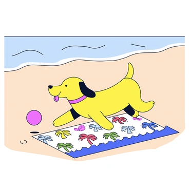 A dog playing fetch on the beach, with a custom beach towel laid out beside it.