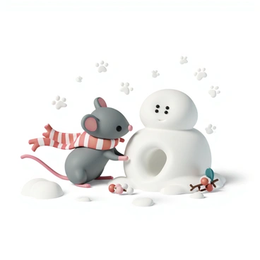 A small mouse, with gray fur and bright pink ears, is wearing a red and white striped scarf wrapped snugly around its neck. The mouse is joyfully playing in a snowy landscape, with snowflakes gently falling around it. It is focused on creating a snowmouse, using its tiny paws to shape the snow into a round body and head. Nearby, there are small paw prints leading up to the snowmouse, and a few twigs and berries are scattered on the ground, ready to be used as decorations for the snowmouse. The scene is vibrant and full of winter cheer.