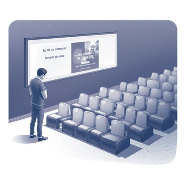 An empty cinema interior with rows of seats arranged in neat rows. The lighting is dim, casting shadows on the floor. In the foreground, a single person stands in front of a large movie poster. The person is facing the poster, with a look of anticipation. The poster prominently displays the title of the movie and includes details such as the release date and the cast. The atmosphere suggests a sense of excitement mixed with disappointment due to the sold-out premiere.