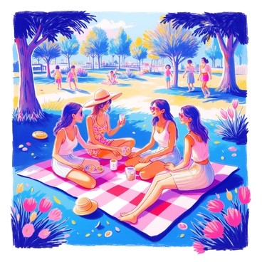 A vibrant park scene captures several people enjoying a sunny day. A group of friends is gathered on a checkered picnic blanket, sharing refreshments and laughing together. One person is wearing a wide-brimmed straw hat and a floral sundress. Another individual sports a light linen shirt and tailored shorts, while a third person is dressed in a trendy tank top and stylish sunglasses. In the background, children are playing with a frisbee, and a couple is strolling hand-in-hand, both in light, fashionable summer outfits. Trees provide dappled shade around the area, with flowers blooming in bright colors, enhancing the lively atmosphere of the park.