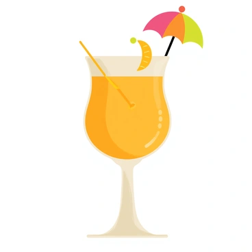 A fancy orange cocktail served in a curved glass with a glossy finish. The cocktail is bright orange, with a few bubbles visible on the surface. A twist of orange peel is elegantly placed on the rim of the glass. A tiny, colorful umbrella is perched at an angle on top of the drink. The background features a simple table, enhancing the focus on the cocktail.