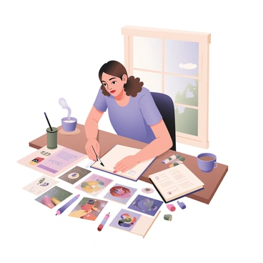 An artist is seated at a wooden desk, surrounded by a collection of various illustration prints spread out in an organized manner. The artist has wavy brown hair tied back and is wearing a light blue shirt. They are intently reviewing the prints, which feature a range of vibrant designs, colors, and styles. A sketchbook lies open next to them, filled with pencil drawings and notes. There are colorful markers and paintbrushes scattered on the desk, alongside a steaming cup of coffee. A window behind the artist lets in soft natural light, illuminating the workspace.