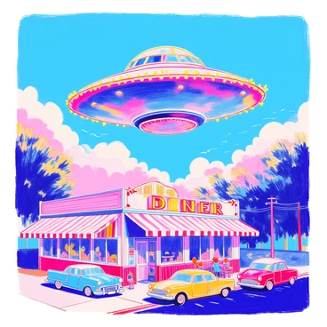 A 1950s flying saucer hovers above a classic American diner. The flying saucer has a metallic finish with a dome-shaped top and bright lights around its edge. Below, the diner is a charming building with neon signage that reads "DINER" in large letters. It features a red and white color scheme, large windows, and a striped awning. Cars from the era are parked outside, and a few patrons are seated at the outdoor tables. The sky is clear with a few fluffy clouds, highlighting the flying saucer's presence.