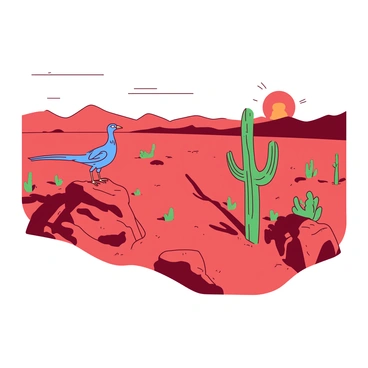 A red desert landscape features a variety of green cacti scattered across the sandy terrain. In the foreground, a blue roadrunner is standing on a rocky outcrop, looking towards the horizon. The sun is setting behind a distant mountain range, casting a warm orange glow across the sky. The shadows of the cacti stretch across the sand, and the colors in the scene create a vibrant contrast.