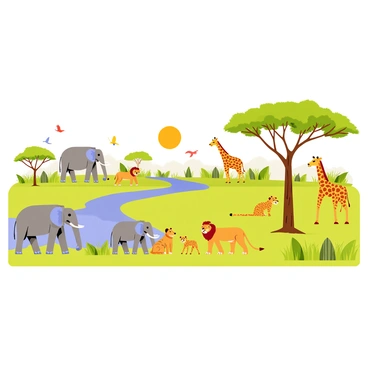 A safari scene featuring a variety of wildlife in a detailed landscape. In the foreground, a group of elephants with large ears and trunks are walking together. Nearby, a pride of lions rests under a large acacia tree, with a lioness lying protectively next to her cubs. In the background, a herd of giraffes with long necks are grazing on treetops. Colorful birds are flying above, and a small river winds through the scene, reflecting the blue sky. The sun is setting, casting a warm orange glow over the entire landscape.