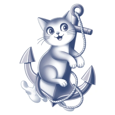 A traditional sailor-style tattoo featuring a cat design. The cat is depicted with exaggerated features, such as large eyes and a playful expression. Surrounding the cat are nautical elements, including a prominent anchor and ropes intertwined around it. The background includes waves that flow around the cat and anchor, adding to the maritime theme. The overall composition has a bold outline and clear details, typical of tattoo art. The design is intricate, with each element carefully placed to create a cohesive and striking visual.