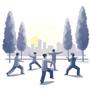 A group of individuals practicing tai chi in a city park at sunrise. The scene features several people positioned in various tai chi postures, demonstrating their focus and balance. Tall trees outline the park, while soft shadows are cast on the ground as the sun rises, illuminating the area. The skyline of the city is visible in the background, adding context to the serene environment. Each person wears comfortable, loose-fitting clothing suitable for exercise, and their movements are slow and deliberate.
