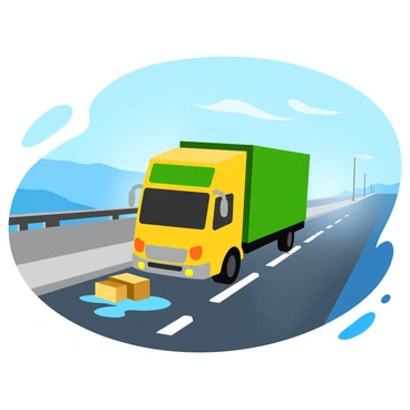 A delivery truck is crashing into barriers on a foggy bridge. The truck is large and has bright yellow and green colors, with its cargo area open slightly, revealing packages spilling out. The bridge is made of gray concrete and has metal barriers that are bending under the impact. Fog envelops the scene, creating a blurred effect around the edges, while headlights from the truck and faint ambient lights from the bridge create a glowing effect in the mist. The ground shows signs of a recent rain, with puddles reflecting the lights from the truck.