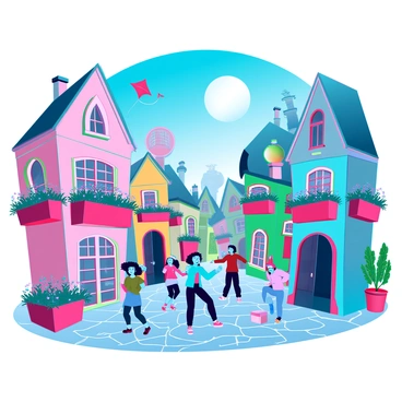 A charming storybook village with vibrant, multicolored houses featuring intricate architectural details. The houses are adorned with flower boxes overflowing with blooming flowers, adding splashes of color to the scene. Children with diverse appearances are playing lively games in the cobbled streets, laughing and running around. Some children are flying kites, while others are drawing with chalk on the pavement. The sun is shining brightly in a clear blue sky, illuminating the joyful atmosphere of the village.