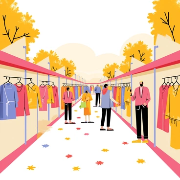 A seasonal market scene filled with various stalls. Each stall is adorned with colorful autumn decorations and displays vibrant kaftans in shades of orange, red, and yellow. The kaftans hang elegantly from the stall displays, showcasing intricate patterns and textures. Shoppers are browsing the stalls, examining the beautiful garments. The ground is covered with fallen leaves, creating a warm, inviting atmosphere. Trees in the background display their autumn foliage, enhancing the seasonal feel of the market.