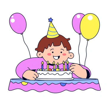 A child with short brown hair is leaning over a round birthday cake with colorful frosting. The cake is decorated with vibrant sprinkles and has five lit candles with small flames flickering on top. The child is wearing a bright party hat and has a wide smile, with their cheeks puffed out, preparing to blow out the candles. The background includes a simple tablecloth with a bright pattern, and a few balloons are floating in the air nearby.