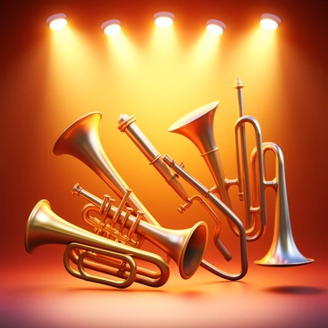 A variety of brass instruments arranged together, prominently featuring a "trumpet" and a "trombone." The instruments shine with reflections from multiple stage lights, highlighting their polished surfaces. The setting is filled with a warm glow, creating a striking contrast between the metallic finish of the instruments and the illuminated environment. Each instrument is distinct in shape and size, with the trumpet's flared bell and the trombone's sliding mechanism clearly visible. The overall composition captures the elegance of the brass ensemble in performance.