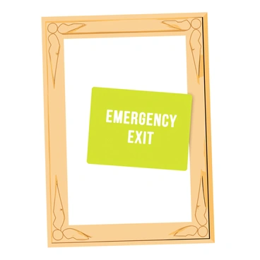 A cartoon-style illustration of a wooden picture frame with ornate carvings on the edges. Inside the frame, there is a bright green "Emergency Exit" sign with white lettering. The frame is slightly tilted, adding a humorous touch to the scene. The background is a solid light color to highlight the picture frame and the sign, making them the focal point of the image.