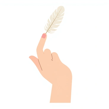 A human hand with light skin tones balances a soft, white feather delicately on its fingertip. The hand is positioned against a plain, contrasting background to emphasize the feather's soft texture and the precision required to maintain the balance. The feather has long, slender strands that gently curve, showcasing its lightness and fragility. The scene captures the moment of perfect equilibrium, highlighting the intricate details of the feather and the gentle grip of the hand.