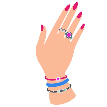 A stylish hand with perfectly manicured nails painted in a vibrant shade of nail polish. The hand is elegantly posed, displaying a variety of beautiful rings, including a large gemstone ring and delicate simple bands. The wrist is adorned with several stunning bracelets, featuring intricate designs and sparkling embellishments. The background is softly blurred to keep the focus on the hand and its accessories.