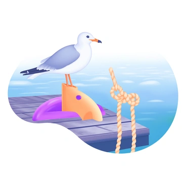 A seagull with white feathers and a gray cape is perched on a dock cleat made of bright metal. Next to the seagull is a neatly tied cleat hitch knot, showcasing intricate loops of rope that are expertly arranged. The background features a calm, rippling water surface reflecting gentle light, while the dock is composed of weathered wooden planks.