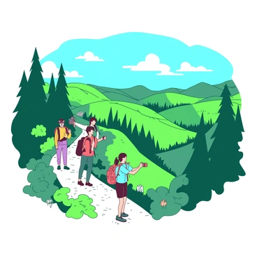 A narrow path made of gravel winds through a vibrant green forest, leading to a scenic overlook. Along the trail, there are several hikers, each capturing the moment with cameras held up to their faces. The hikers are wearing colorful outdoor gear, standing at the edge of the overlook. In front of them, the landscape unfolds dramatically, showcasing rolling hills painted in shades of green and dotted with trees. The sky above is a bright blue, creating a striking contrast with the greenery below. The sunlight streams down, illuminating the scene and enhancing the vivid colors of the natural surroundings.