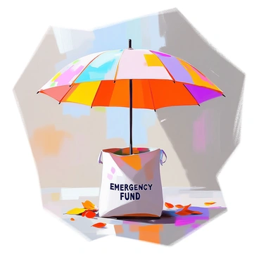 A large, colorful umbrella is open wide, providing shade over a bag labeled "Emergency Fund." The umbrella's fabric features vibrant patterns, creating a striking contrast against the surrounding environment. The bag, made of sturdy material, rests on the ground beneath the umbrella, and the words "Emergency Fund" are clearly visible in bold letters on its side. The setting includes a few scattered leaves around the base of the umbrella, suggesting an outdoor scene.