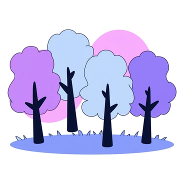 A forest scene featuring multiple silhouetted trees with tall trunks and a variety of leaf shapes. The trees are densely grouped together, creating a natural boundary. Behind the trees is a soft pastel background with gradients of pink, lavender, and light blue. The ground is covered in a gentle layer of grass, adding a hint of texture to the composition.