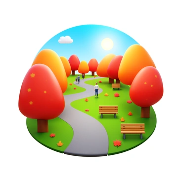 A park scene during autumn featuring a variety of trees with "orange and red leaves" scattered across the ground. The scene is set on a "30x20 board" that displays a pathway winding through the park. There are wooden benches along the path, surrounded by colorful foliage. In the background, a few people can be seen walking, enjoying the autumn day. A clear blue sky is visible above, with soft sunlight illuminating the vibrant colors of the leaves.