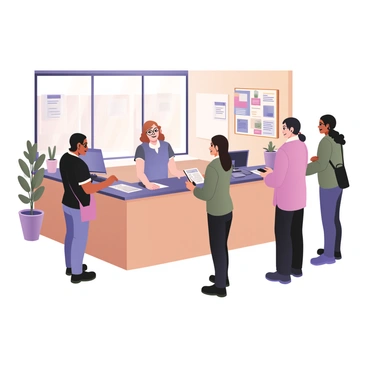 A digital flat illustration depicting a welcoming community center reception area. There is a large reception desk at the center, with two volunteers behind it. The first volunteer has light skin and curly brown hair, wearing a blue shirt and glasses, while the second volunteer has medium skin and straight black hair tied back, wearing a green shirt. They are both smiling and engaging with visitors. In front of the desk, a diverse group of visitors, including a man with dark skin and a woman with light skin, are receiving information. There are colorful brochures and flyers on the counter. The background features large windows letting in bright light, plants in pots, and a bulletin board with community event announcements.