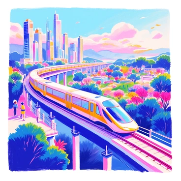 A sleek, high-speed train is gliding along a smooth, elevated track. The train features a streamlined design with a glossy exterior that reflects the colors of its surroundings. The futuristic landscape includes towering, glass skyscrapers with a variety of shapes and sizes, showcasing advanced architectural designs. In the background, there are lush green parks interspersed with bright, flowering gardens. The sky is filled with soft clouds and hints of a vibrant sunset, casting warm hues across the scene. A few people can be seen on the platform, watching the train as it passes by.